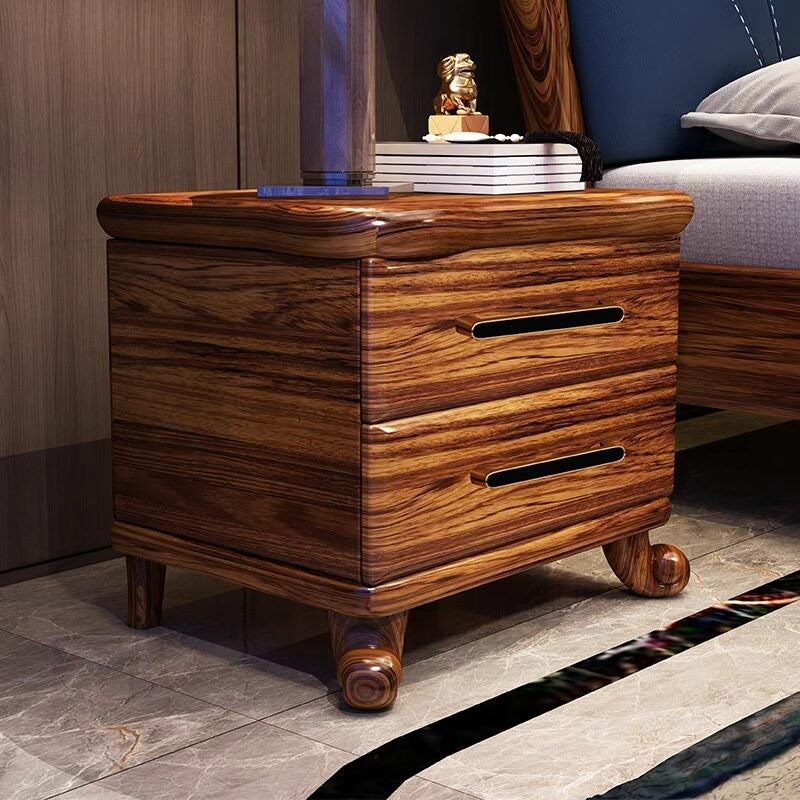 Wenge Wood Nightstand with 2 Drawers and Sculpted Legs