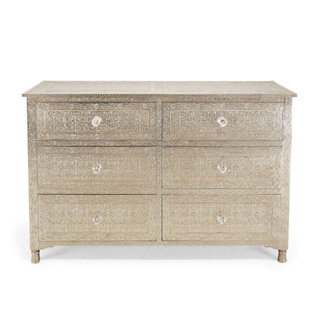 Luxury White Embossed 6 Drawer Dresser Chest Modern Handcrafted Storage Cabinet Elegant Bedroom Chest of Drawers Decorative Living Room Organizer Furniture