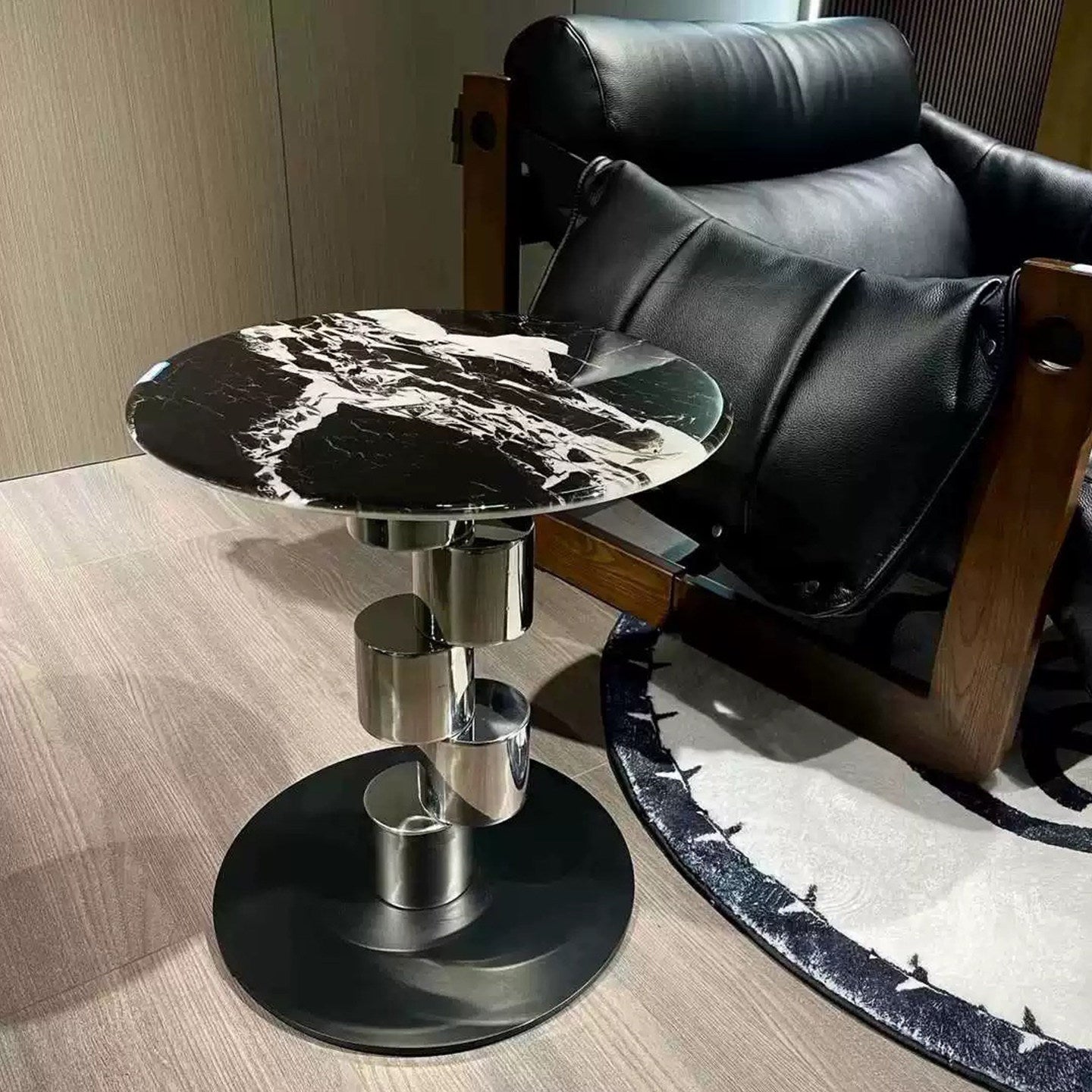 Napoleon Black Marble Round Side Table, Modern Accent Table with Stainless Steel Pedestal and Carbon Steel Base, Black Marble End Table for Living Room, Bedroom, Balcony