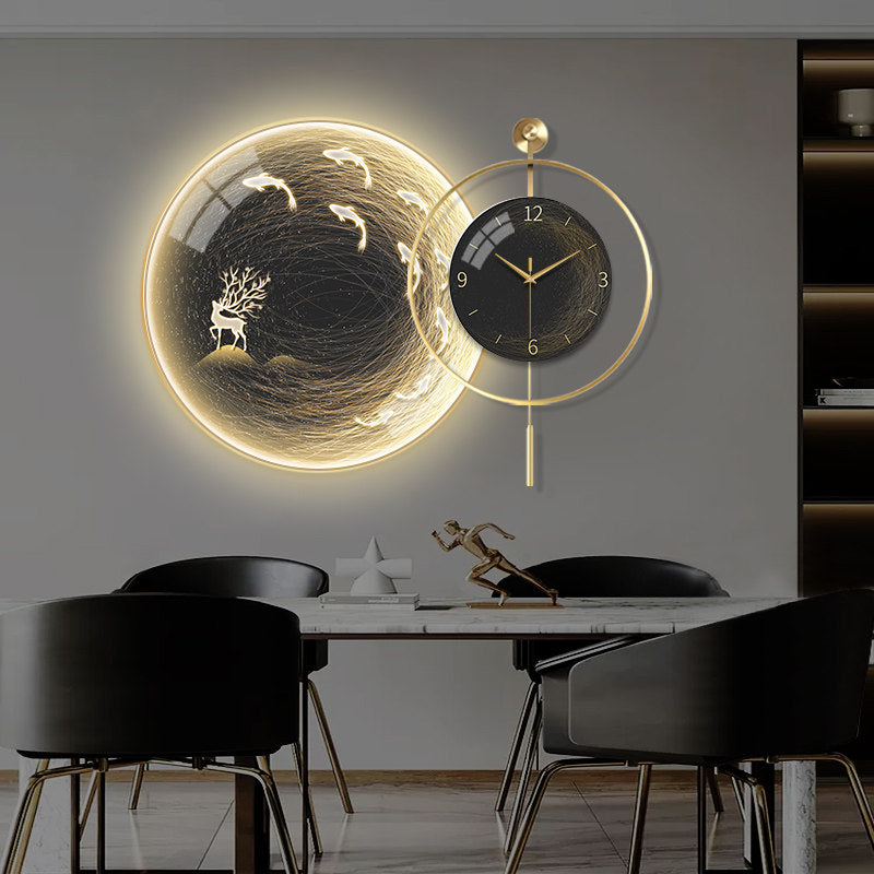 Modern Koi Fish Wall Clock 28 Inch, LED Lighted Black Gold Wall Art