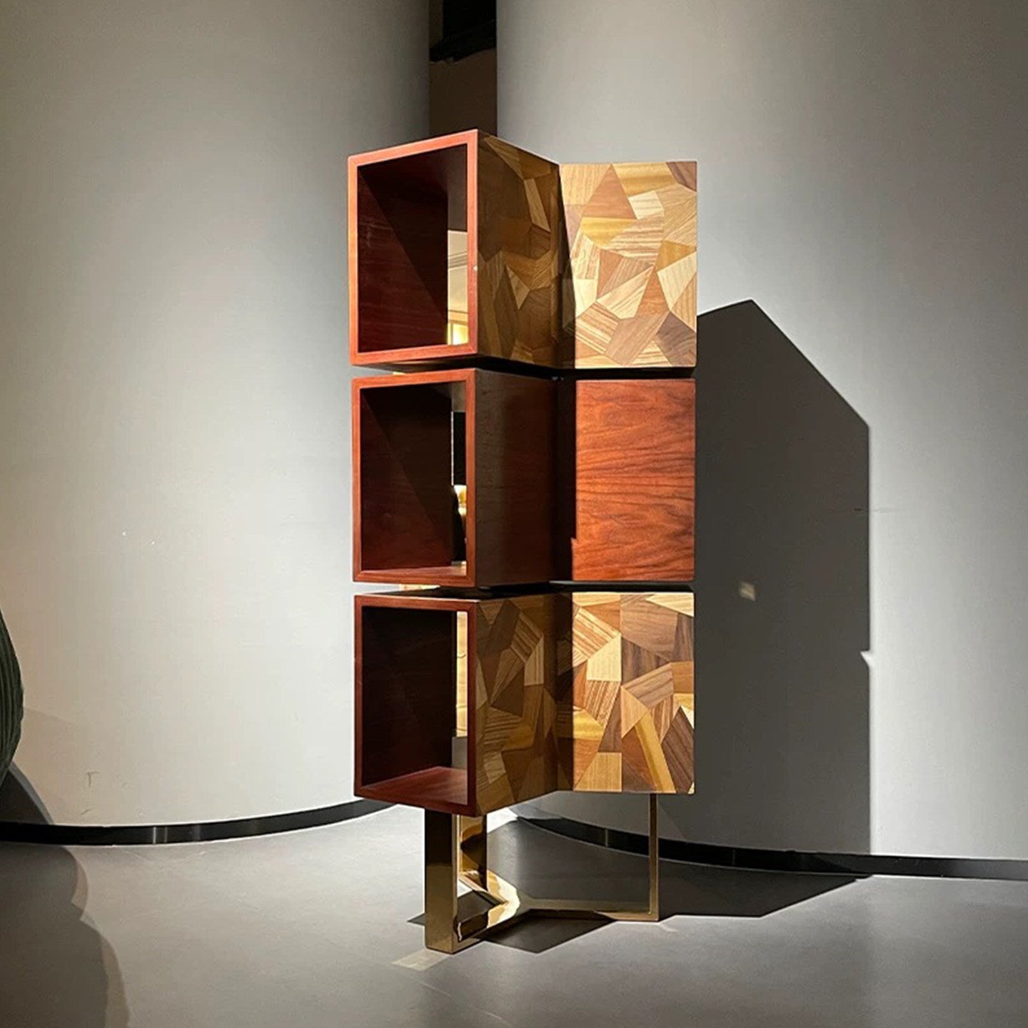 Rotating Wood Bookshelf, 53 Inch Geometric Display Cabinet with Gold Metal Base, Modern Luxury Open Storage Shelf for Living Room, Home Office, Bedroom, Lounge, Entryway