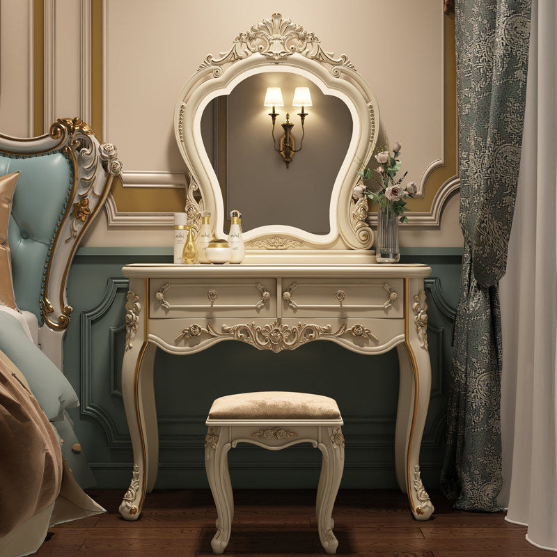 Cream Vanity Table Set with Lighted Crown Mirror, 2 Drawers and Stool