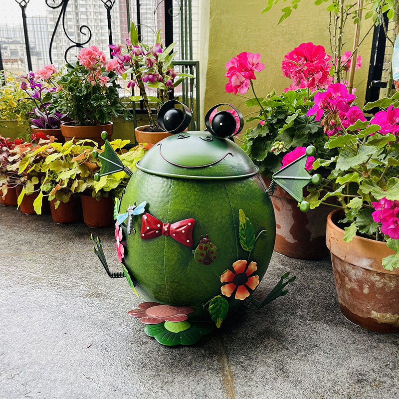 Green Metal Frog Trash Can with Lid and Removable Inner Bin, Hand-Painted Floral Bow Tie Decorative Wastebasket for Bedroom, Office, Living Room, Patio and Garden