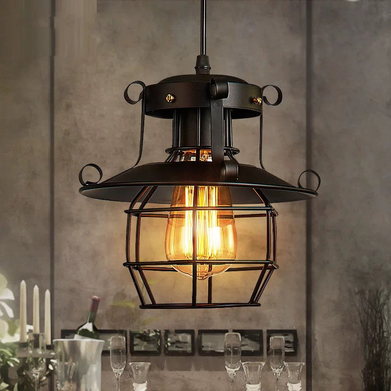 Industrial Cage Pendant Light, Vintage Loft Hanging Lamp with Metal Wire Guard, Single Head Rustic Ceiling Light for Cafe, Bar, Kitchen Island, Dining Room, Hallway