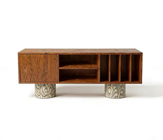 Solid Wood Open Shelf Sideboard Cabinet, Low Storage Credenza with Door and Vertical Dividers, Wabi Sabi Console Cabinet for Living Room, Entryway or Dining Room