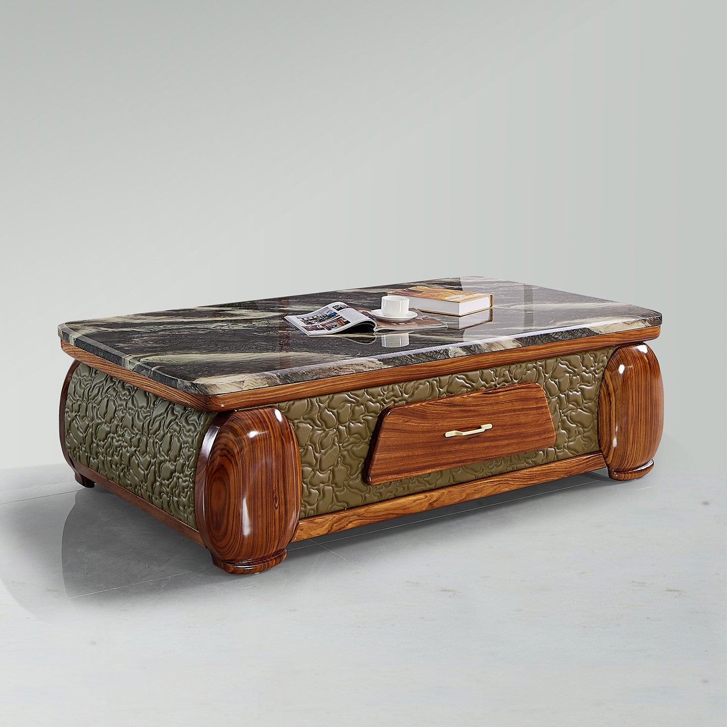 Wenge Wood Coffee Table with Marble Top and Storage Drawer