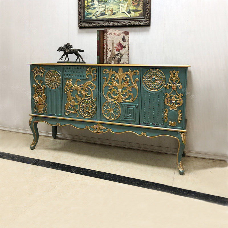 Teal Solid Wood Sideboard, Gold-Tone Carved 4-Door Storage Cabinet