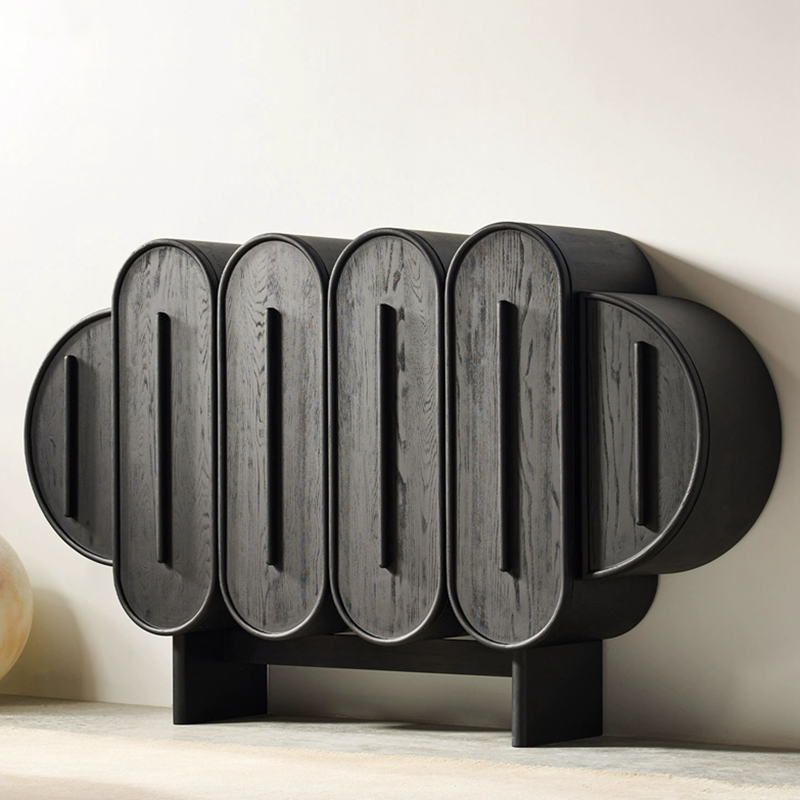 Black Sideboard Buffet, 6-Door Rounded Storage Cabinet