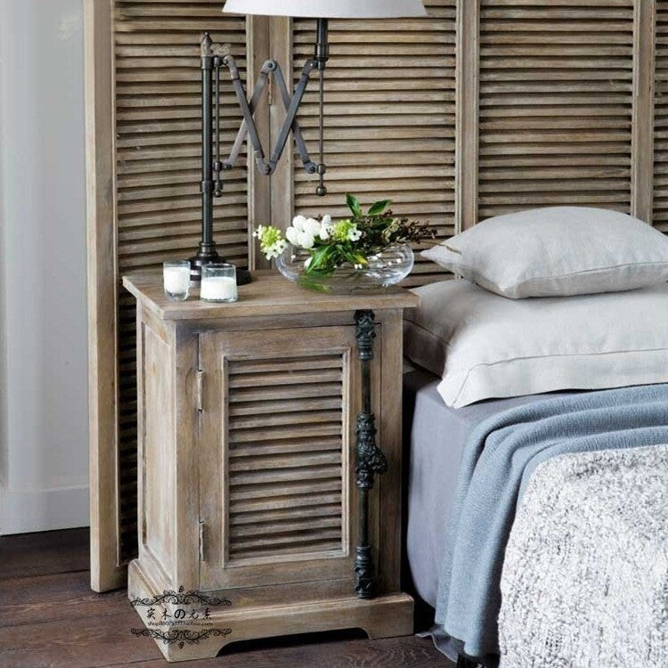 Weathered Gray Oak Nightstand with Louvered Door and Metal Latch