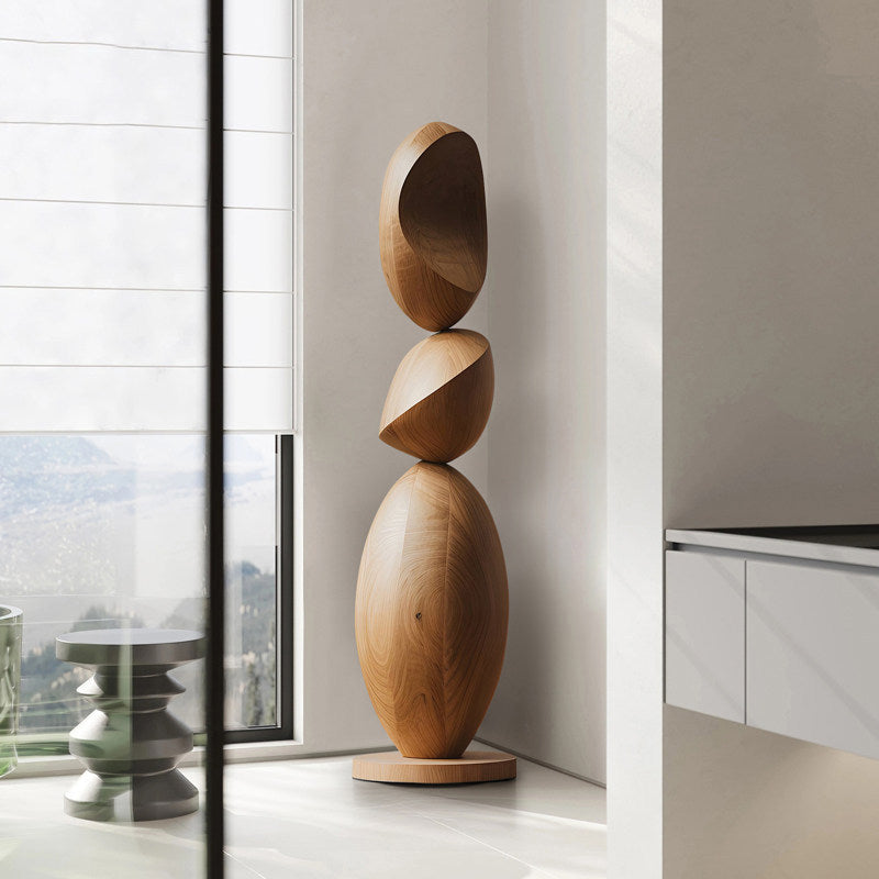 Tall Abstract Wooden Floor Sculpture, Stacked Oval Wood Statue, Modern Organic Decorative Art Accent for Hotel Lobby, Entryway, Living Room, Clubhouse, Villa and Gallery Decor