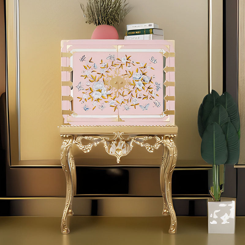 Pink and Gold European Style Accent Cabinet, Baroque Inspired Floral Painted Storage Cabinet with Tall Ornate Legs, Decorative 2 Door Cabinet for Bedroom, Living Room, Entryway, Dressing Area, and Home Bar