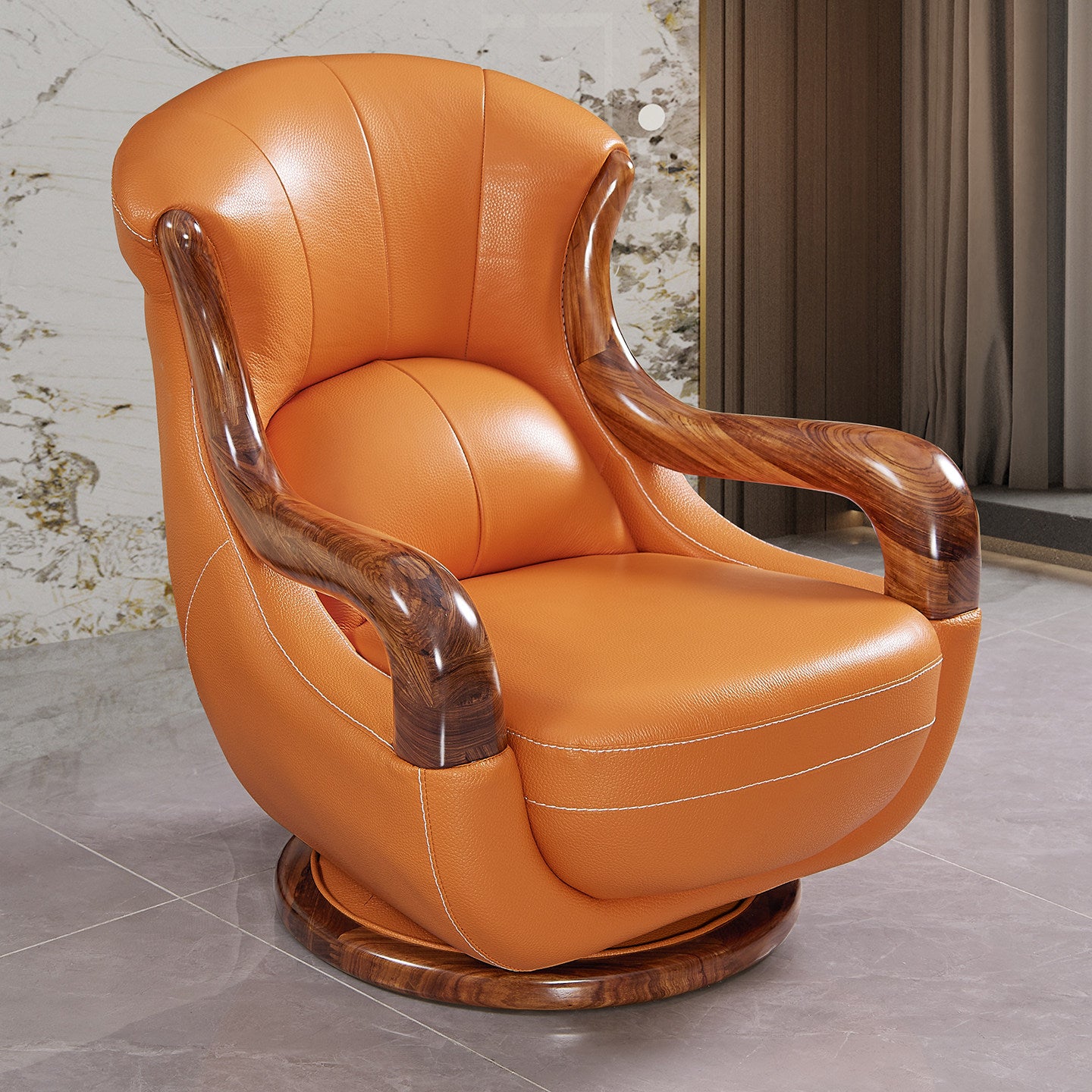 Orange Genuine Leather Swivel Lounge Chair with Wenge Wood Frame, Modern Accent Armchair for Living Room, Office &amp; Reading Nook