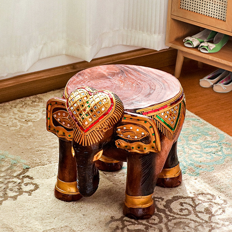Hand-Carved Solid Wood Elephant Stool, Brown and Gold
