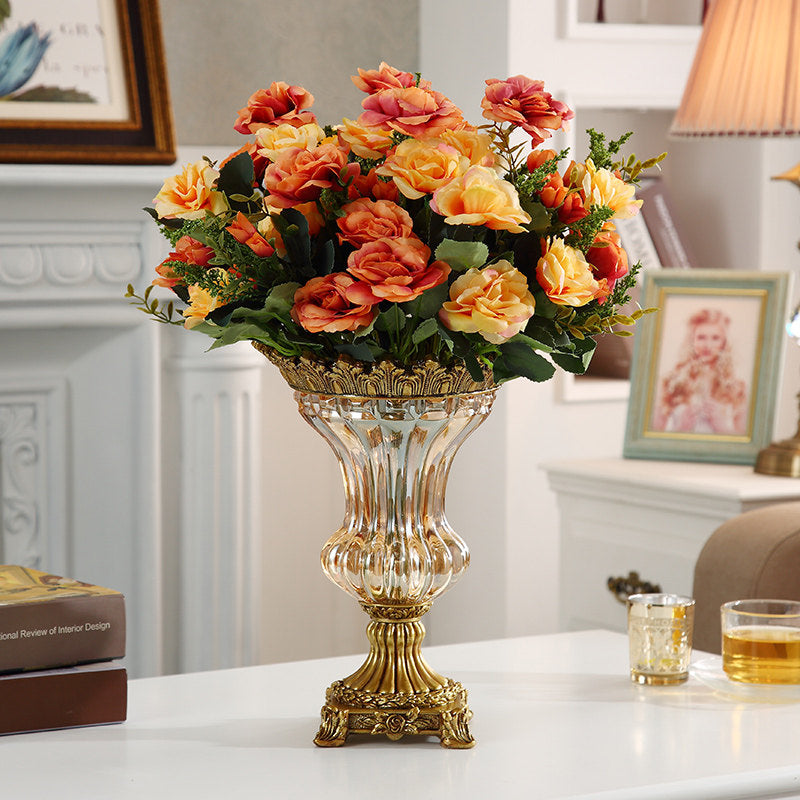 Gold Glass Pedestal Vase, European Style Decorative Flower Vase with Ornate Resin Base, Tall Table Centerpiece Urn for Faux Flowers, Dining Table, Entryway, Hotel, Living Room Decor