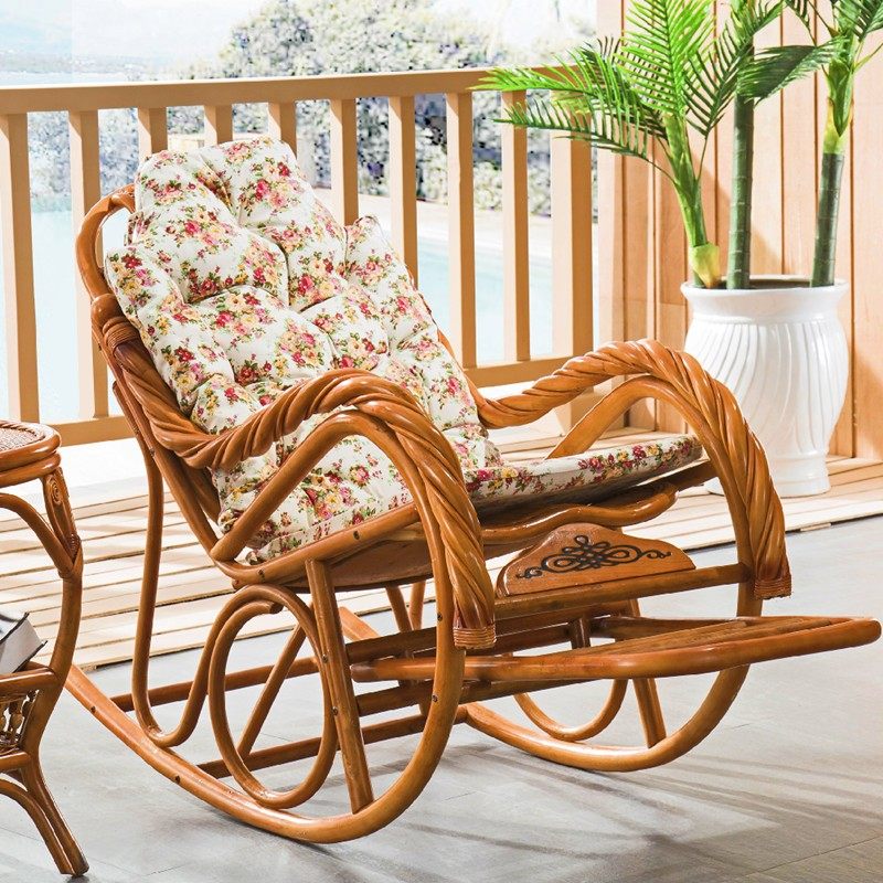 Natural Rattan Rocking Chair with Footrest and Floral Cushion