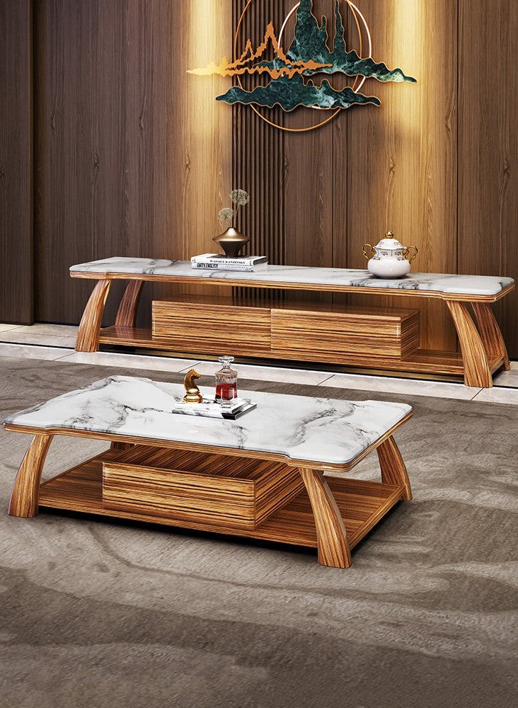 Solid Zingana Wood Coffee Table with Natural Marble Top, Modern Rectangular Center Table with Open Shelf Storage, Luxury Living Room Cocktail Table