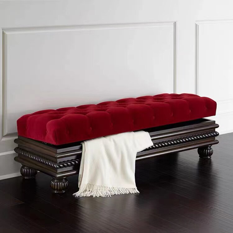 Burgundy Tufted Storage Ottoman Bench with Solid Wood Base