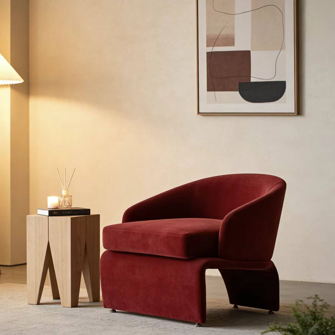 Red Velvet Accent Chair with Curved Arms for Living Room and Bedroom