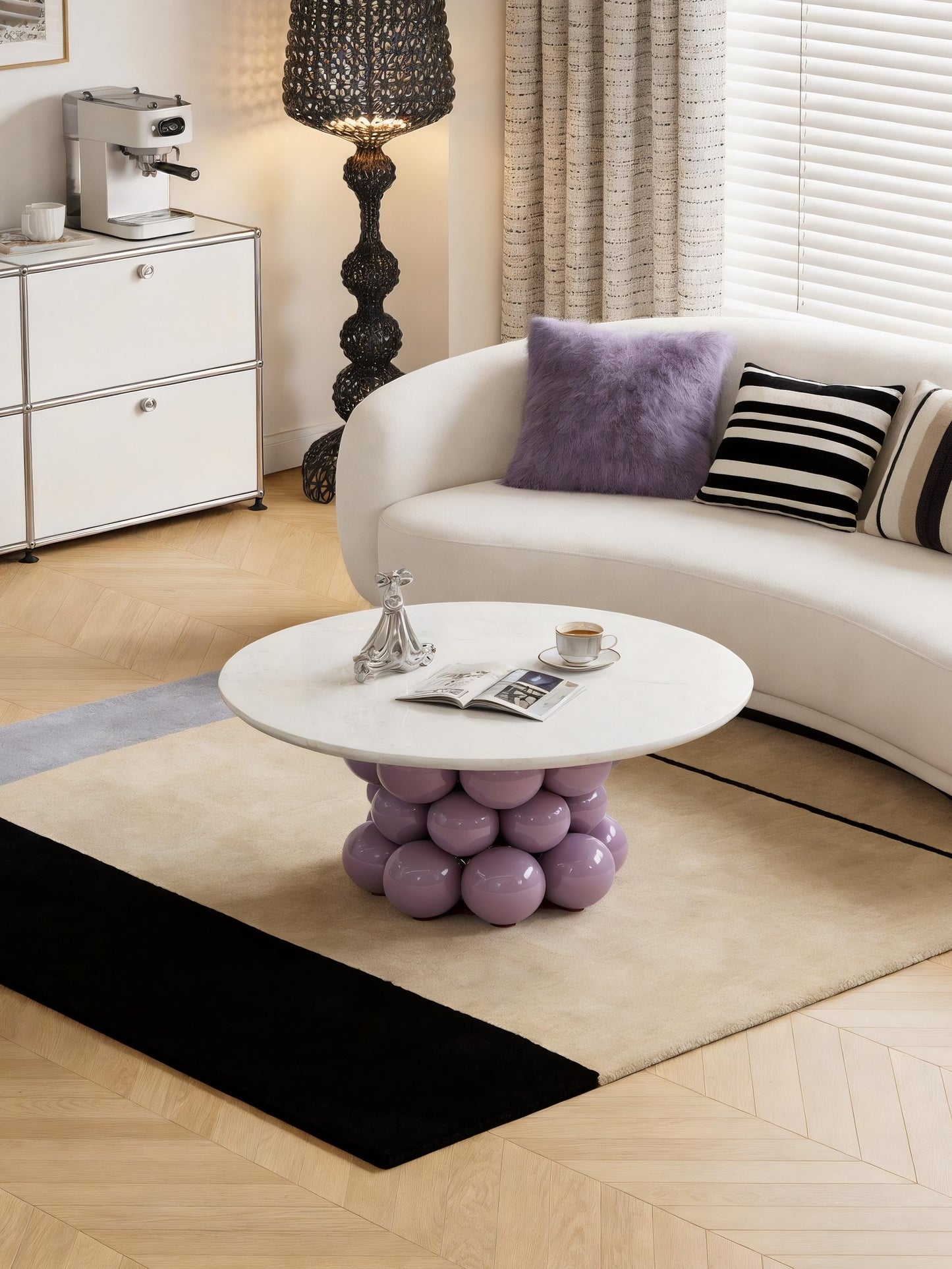 Round Faux Marble Coffee Table with Lavender Bubble Pedestal Base