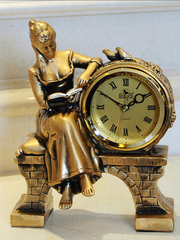 Antique Bronze Resin Mantel Clock with Reading Woman Figurine