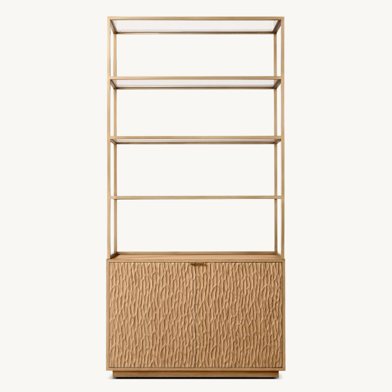 Wood and Metal Etagere Bookcase, Open Display Shelf with Lower Storage Cabinet for Living Room, Dining Room, Office, Hotel, Villa, Natural Finish