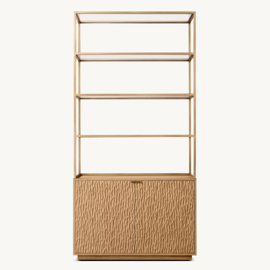 Wood and Metal Etagere Bookcase, Open Display Shelf with Lower Storage Cabinet for Living Room, Dining Room, Office, Hotel, Villa, Natural Finish