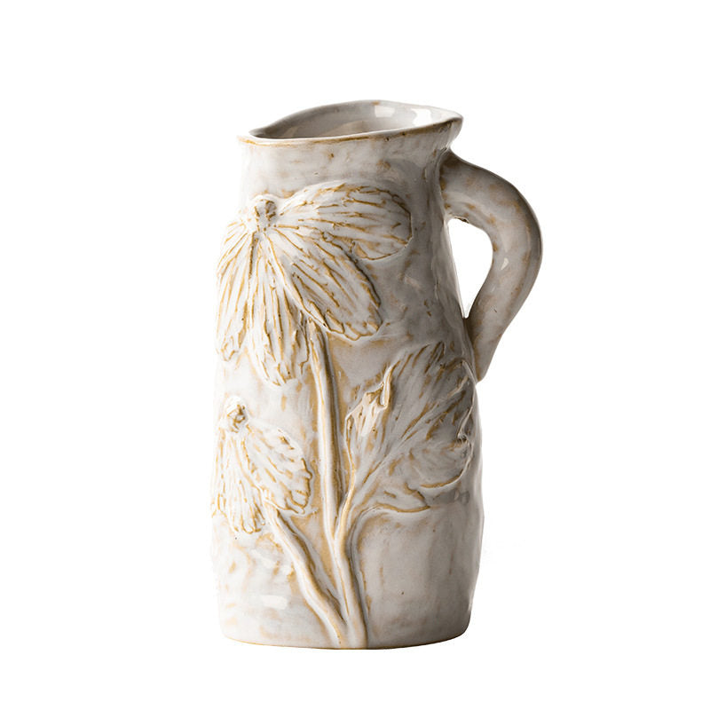 White Ceramic Pitcher Vase with Floral Relief for Dried Flowers