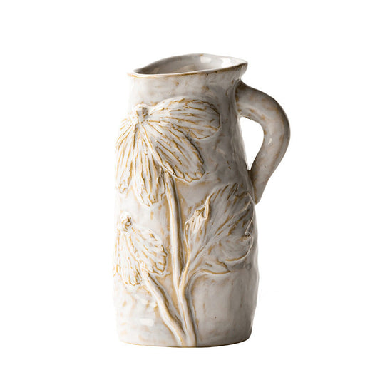 White Ceramic Pitcher Vase with Floral Relief for Dried Flowers