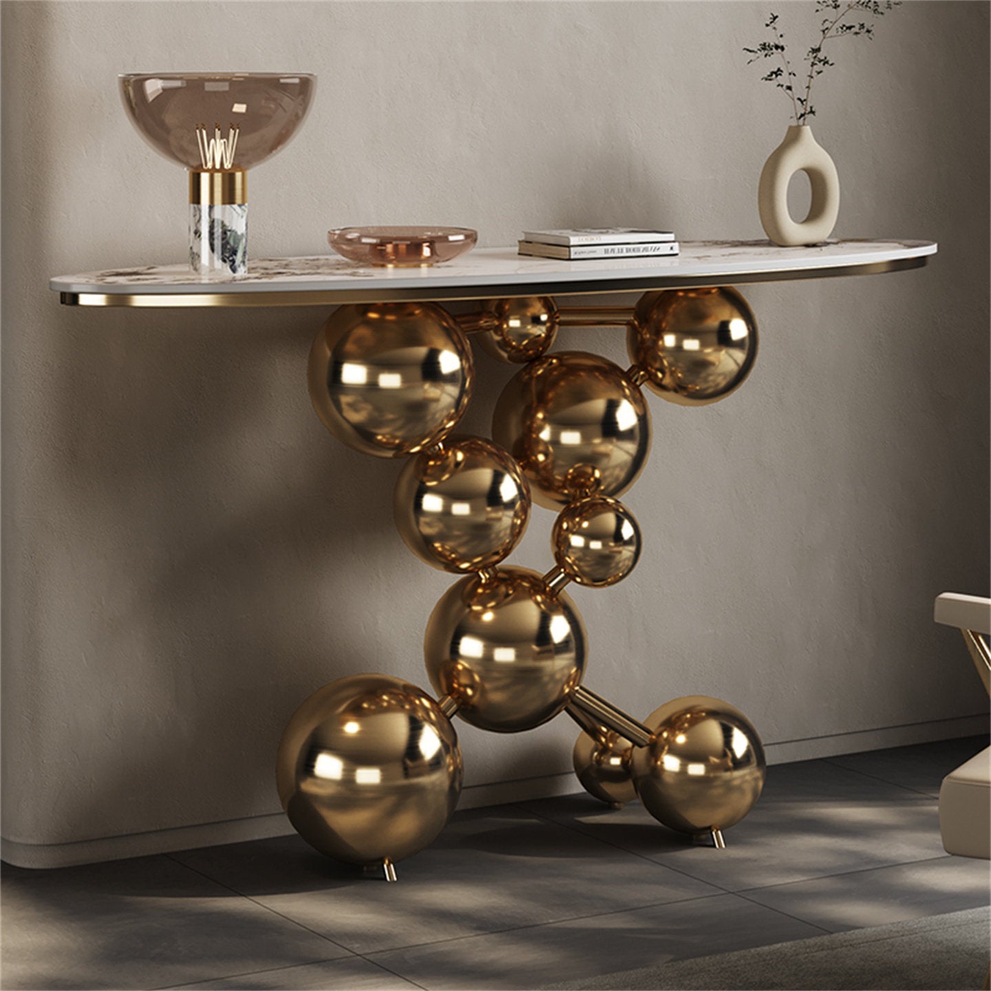 Champagne Gold Console Table, Sintered Stone Top, Sculptural Sphere Base