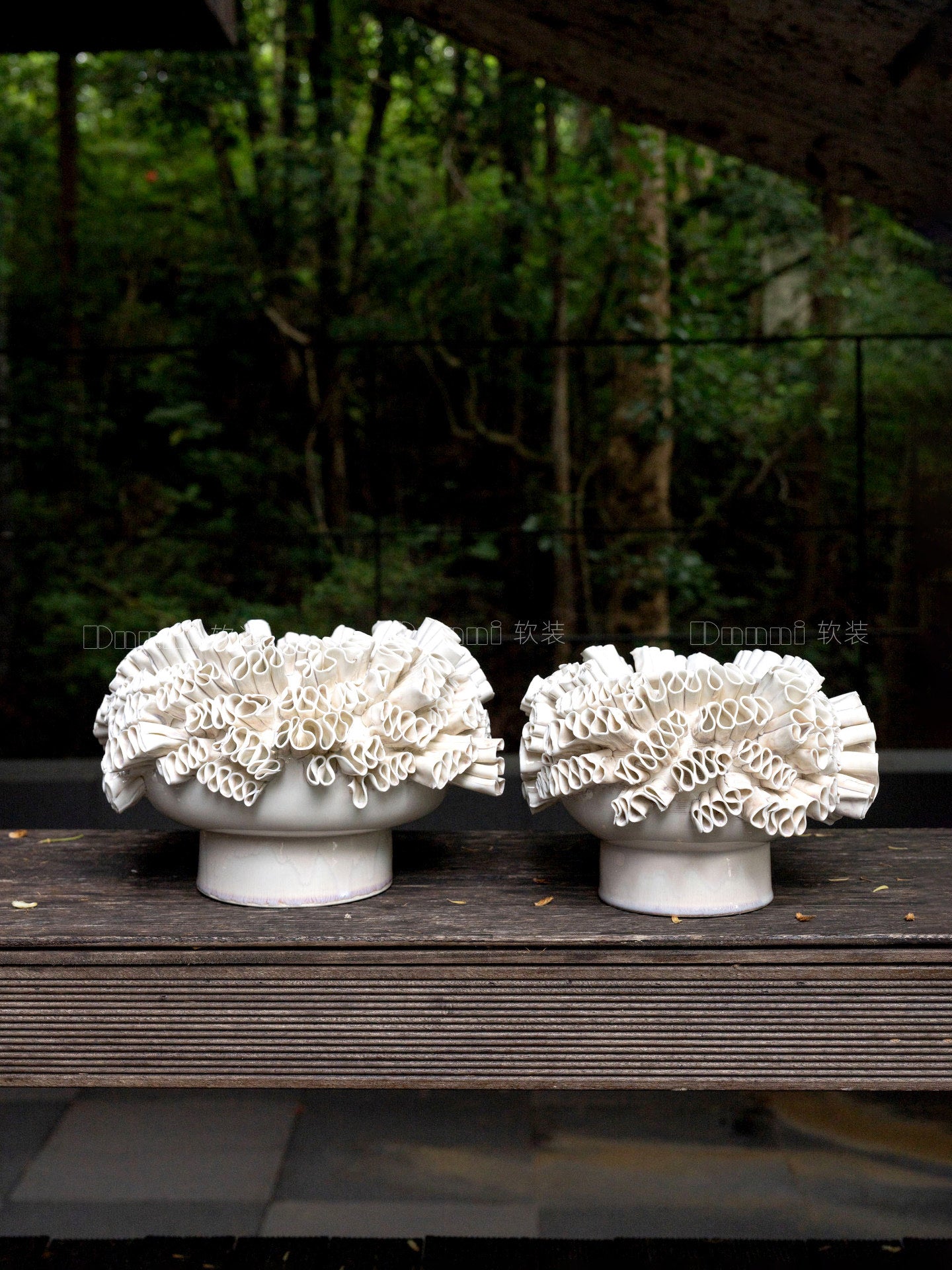 Set of 2 Sculptural Ceramic Vases, Cream Ruffled Flower Vessels