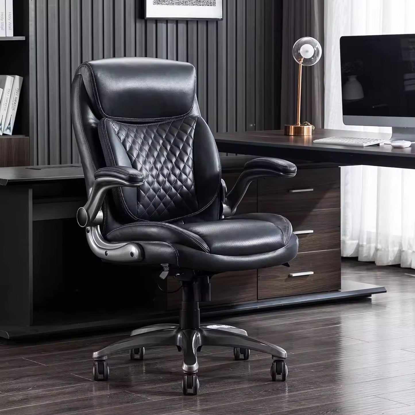 Gray Bonded Leather Executive Office Chair with Flip-Up Arms