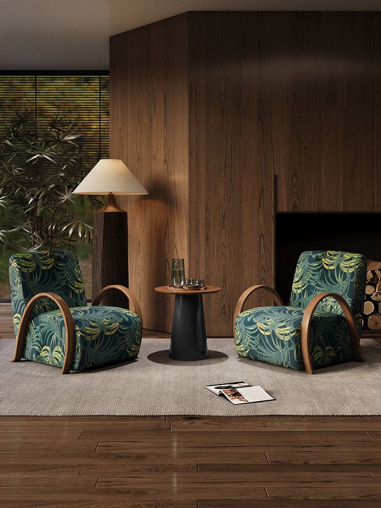 Tropical Leaf Accent Chair with Wood Grain Finish Metal Arms, Green Upholstered Lounge Chair for Living Room, Bedroom, Hotel Lobby, Reception Area, Reading Corner and Resort Style Home Decor