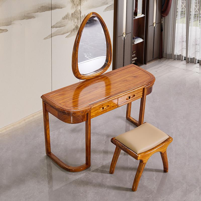 Solid Wenge Wood Vanity Table Set with Mirror, Drawers and Stool