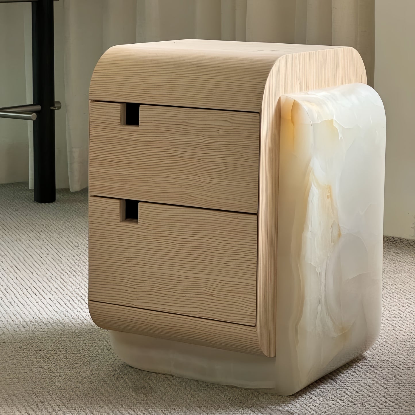 Natural Ash Wood Nightstand with White Marble Side Panels, 2-Drawer Rounded Bedside Table with Recessed Pulls, Wabi-Sabi Storage Cabinet for Bedroom and Guest Room