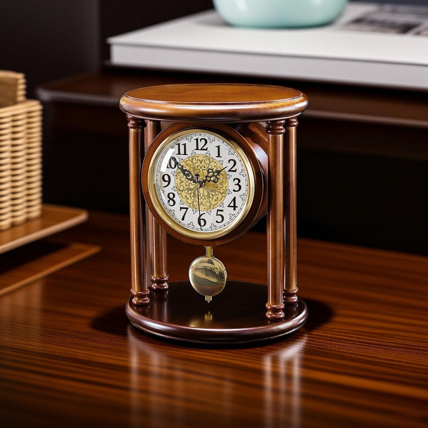 Solid Wood Pendulum Mantel Clock, Silent Vintage Table Clock, Brown