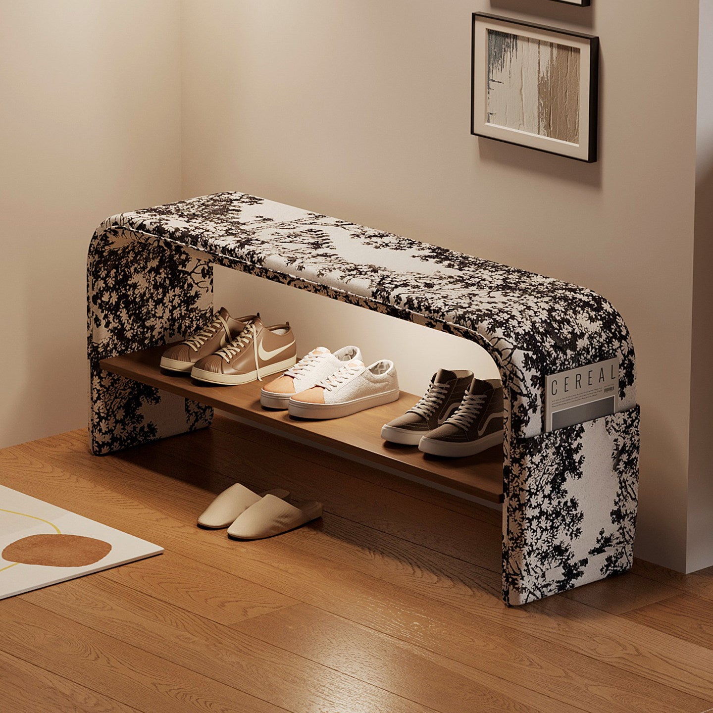 Narrow Entryway Shoe Bench with Printed Velvet Seat, 31.5-Inch Upholstered Hallway Bench with Metal Shoe Rack, Side Storage Pocket and Motion Sensor Light for Foyer, Bedroom or Closet