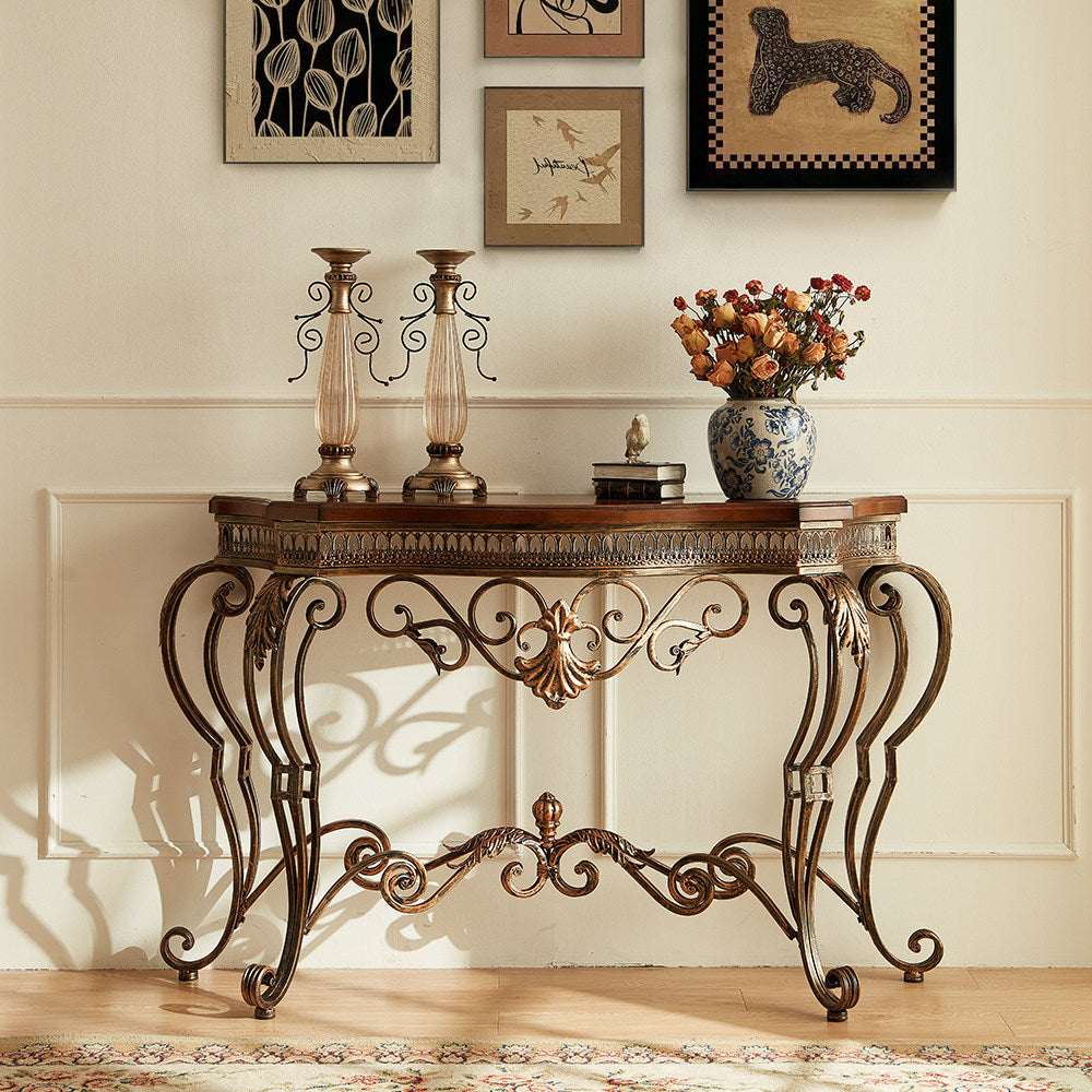 Antique Brown and Gold Demilune Console Table, Birch Wood Top with Ornate Wrought Iron Scroll Frame, Narrow Half-Moon Entryway Table for Foyer, Hallway, Living Room and Dining Room