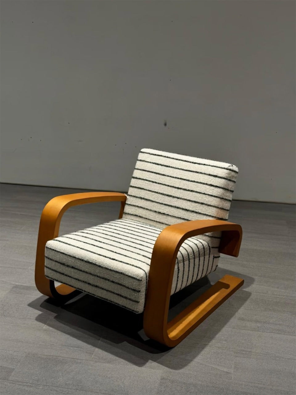Mid-Century Wood Rocking Accent Chair with Striped Upholstery, Modern Lounge Armchair for Living Room, Bedroom, Reading Nook and Hotel, Teak Brown