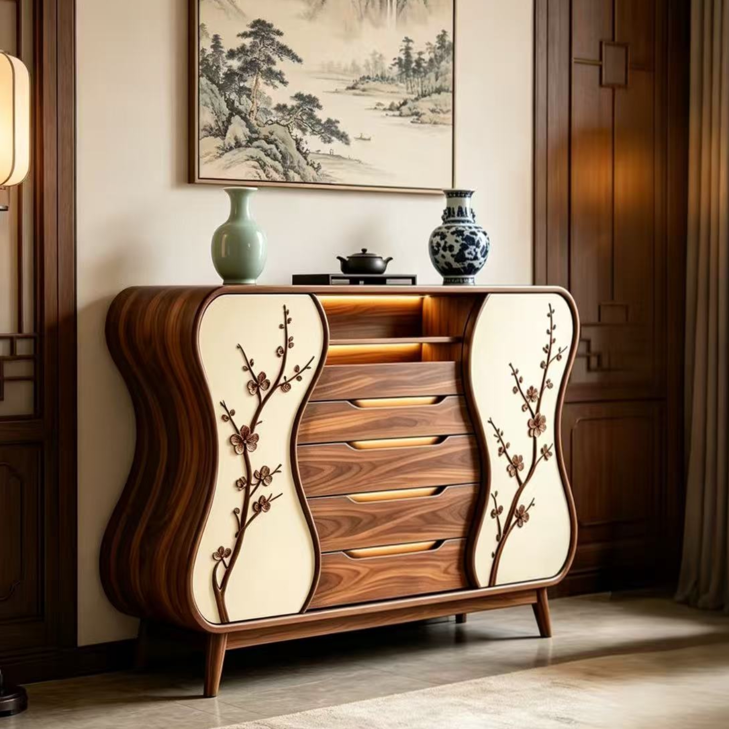 Ash Wood 5-Drawer Dresser with Floral Panels and Open Shelf