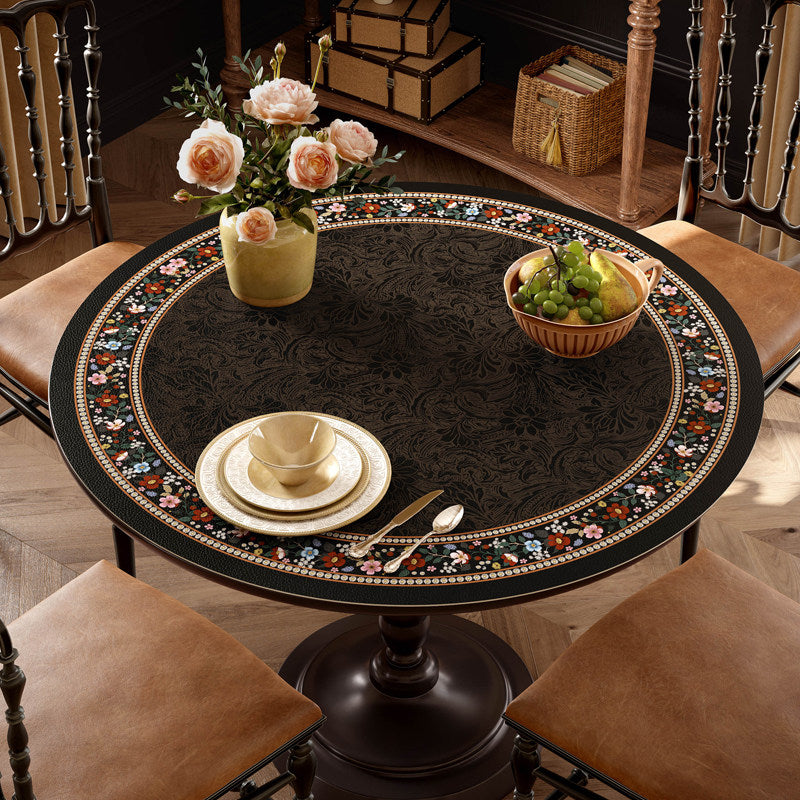 Round Black Floral Table Protector Mat, Waterproof Leather Look Cover