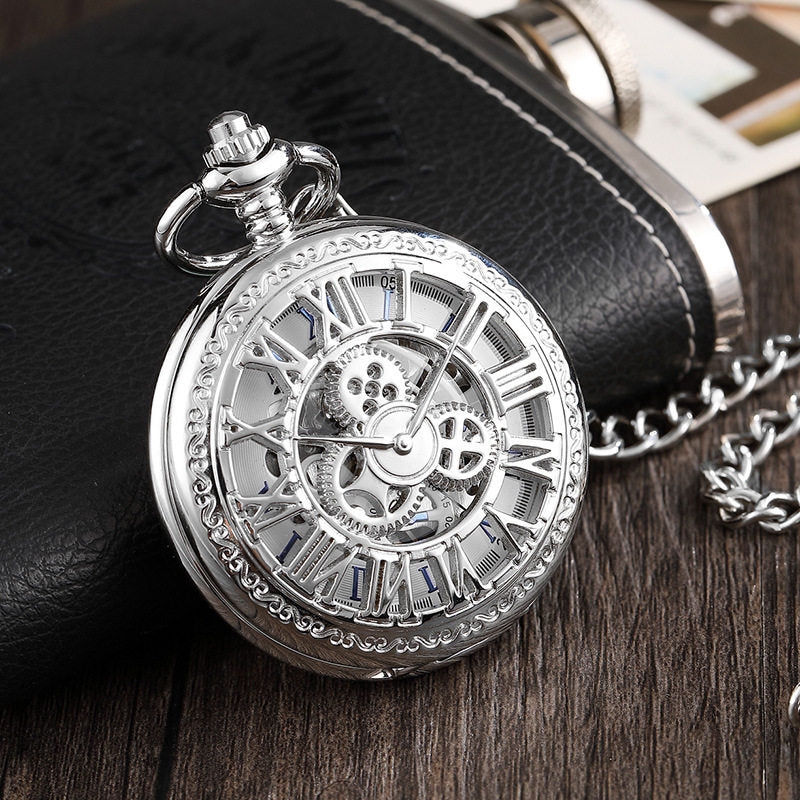 Silver Mechanical Skeleton Pocket Watch, Roman Numeral Gear Dial Hand Wind Pendant Watch with Chain, Vintage Steampunk Pocket Watch for Men, Women, Collectors, Gift