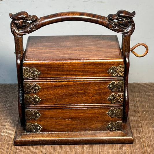 Vintage Rosewood Style Wooden Jewelry Box, Dragon Head Handle Double Layer Storage Chest with Brass Hardware, Solid Wood Keepsake Organizer for Jewelry, Collectibles, Home Decor Gift