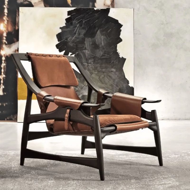 Solid Wood Leather Sling Lounge Chair, Brown Saddle-Style Upholstered Accent Armchair with Black Wooden Frame, Modern Industrial Reading Chair for Living Room, Bedroom, Office, Lounge, and Study