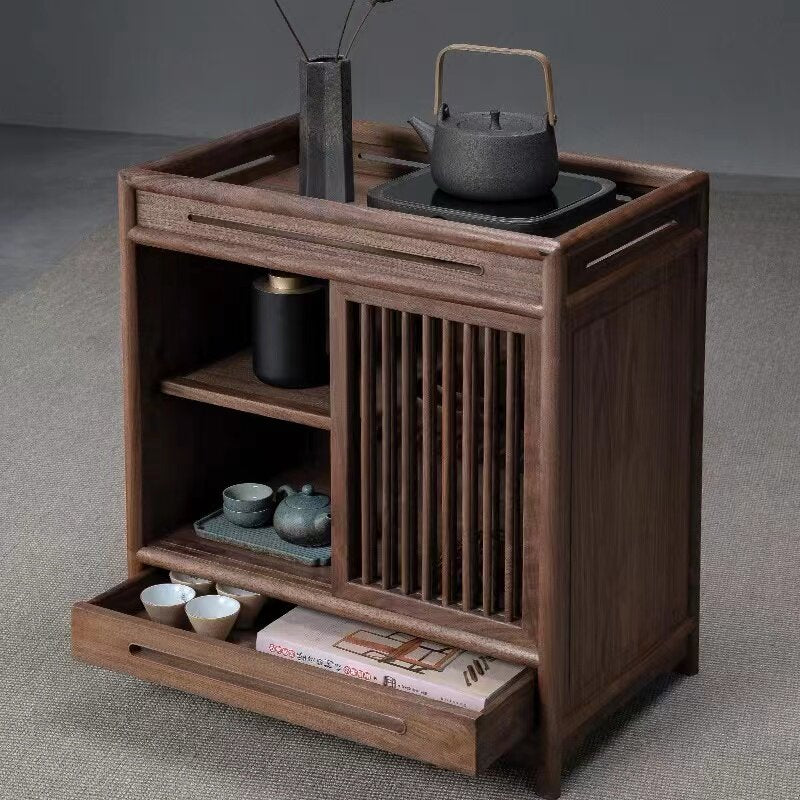24-Inch Solid Black Walnut Tea Cabinet with Tray Top and Drawers