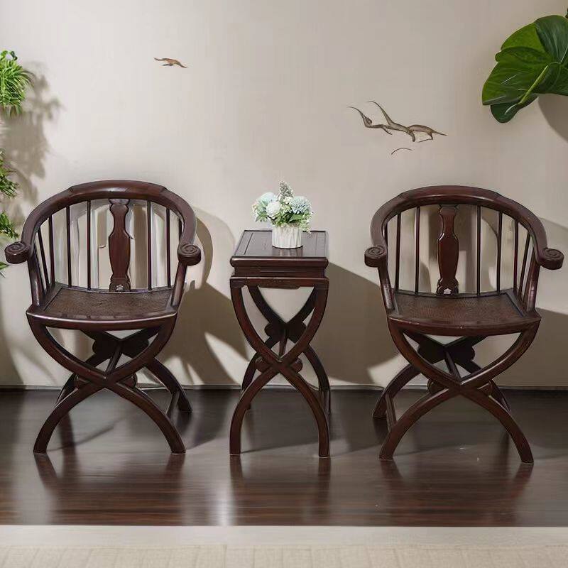 3 Piece Solid Elm Wood Chinese Style Horseshoe Back Chair Set, Rustic Brown Round Back Armchairs with Side Table, Traditional Accent Seating Set for Living Room, Entryway, Tea Room, Bedroom, and Lounge