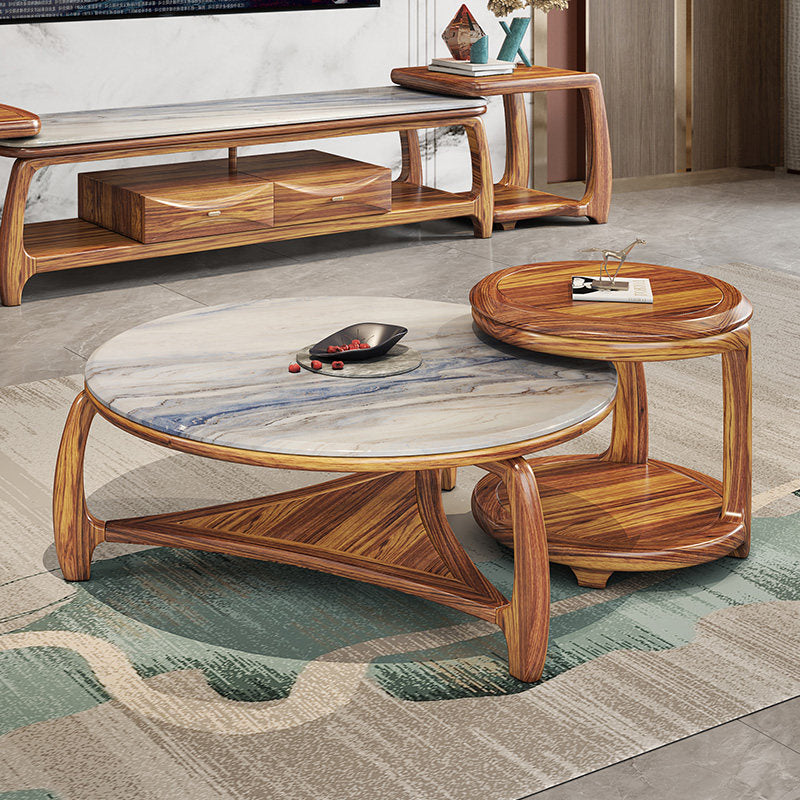 Wenge Wood Round Coffee and Side Table Set with Marble Top