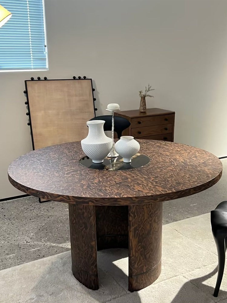 Round Burl Wood Dining Table, Vintage Style Pedestal Kitchen Table with Patterned Wood Grain Top, French Style Small Dining Table for Dining Room, Breakfast Nook, Apartment, Cafe, and Home Kitchen
