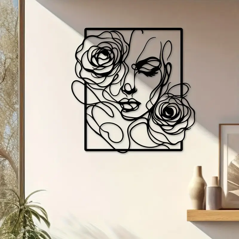 Black Metal Woman Face Wall Art with Roses, Modern Female Line Art Wall Decor, Minimalist Floral Portrait Wall Hanging for Beauty Salon, Bedroom, Living Room, Spa, Vanity Room