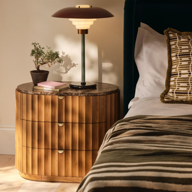 Marble Top Fluted Wood Nightstand, 3-Drawer Bedside Cabinet for Bedroom, Guest Room, Villa, Hotel, Sofa Side Table, Natural Brown