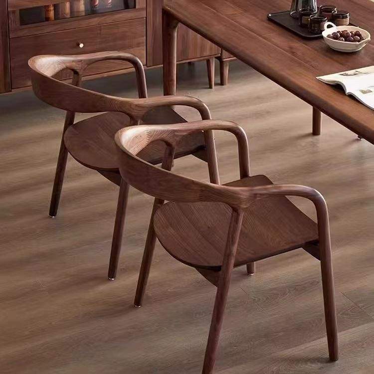 Modern Walnut Wood Dining Chair, Solid Wood Armchair with Curved Backrest, Minimalist Accent Chair for Dining Room, Kitchen, Living Room, Office, Study